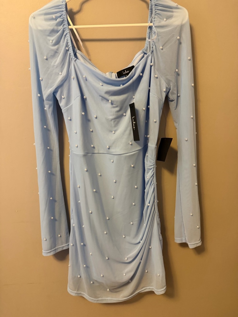 Lulu's Baby Blue Pearl-Embellished Long Sleeve Mini Dress